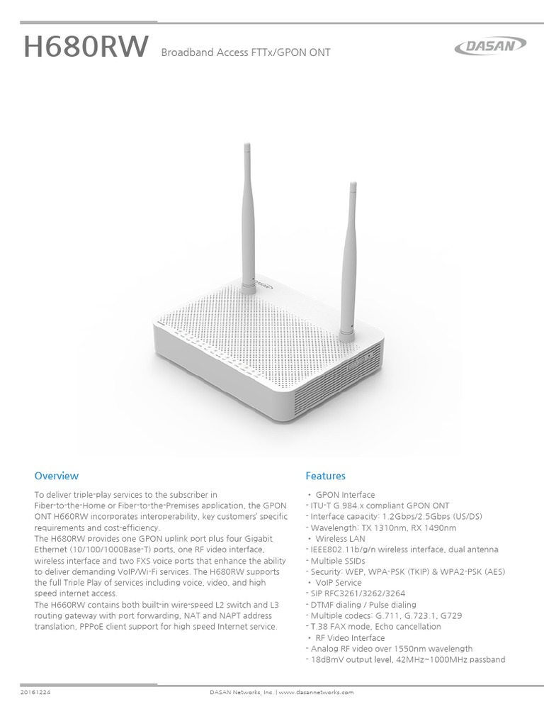Dasan H680RW GPON ONT Overview | PDF | Wi Fi | Voice Over Ip