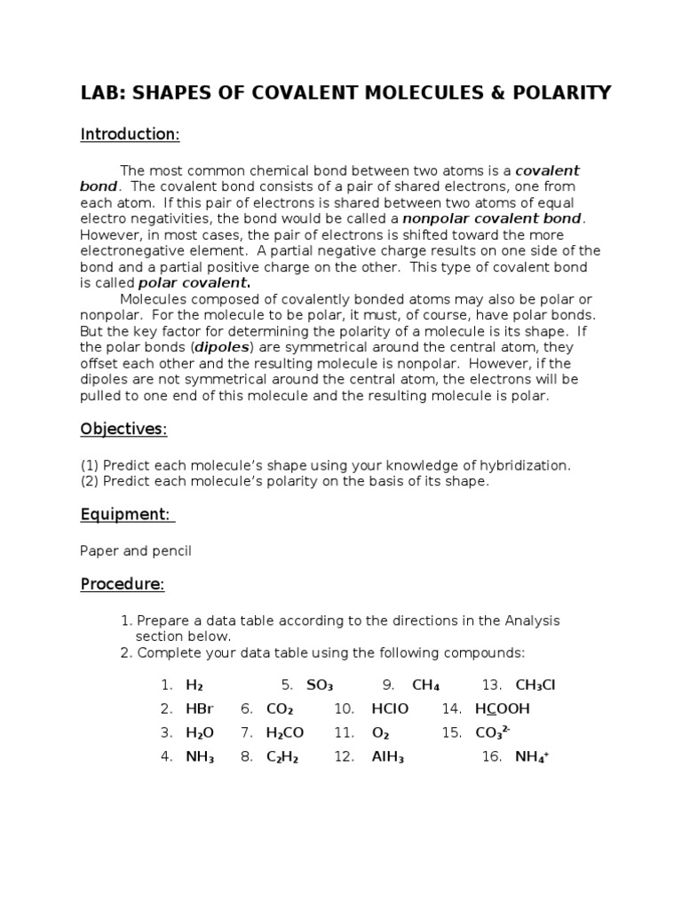 Shapes of Covalent Molecules and Polarity LAB1 PDF Chemical