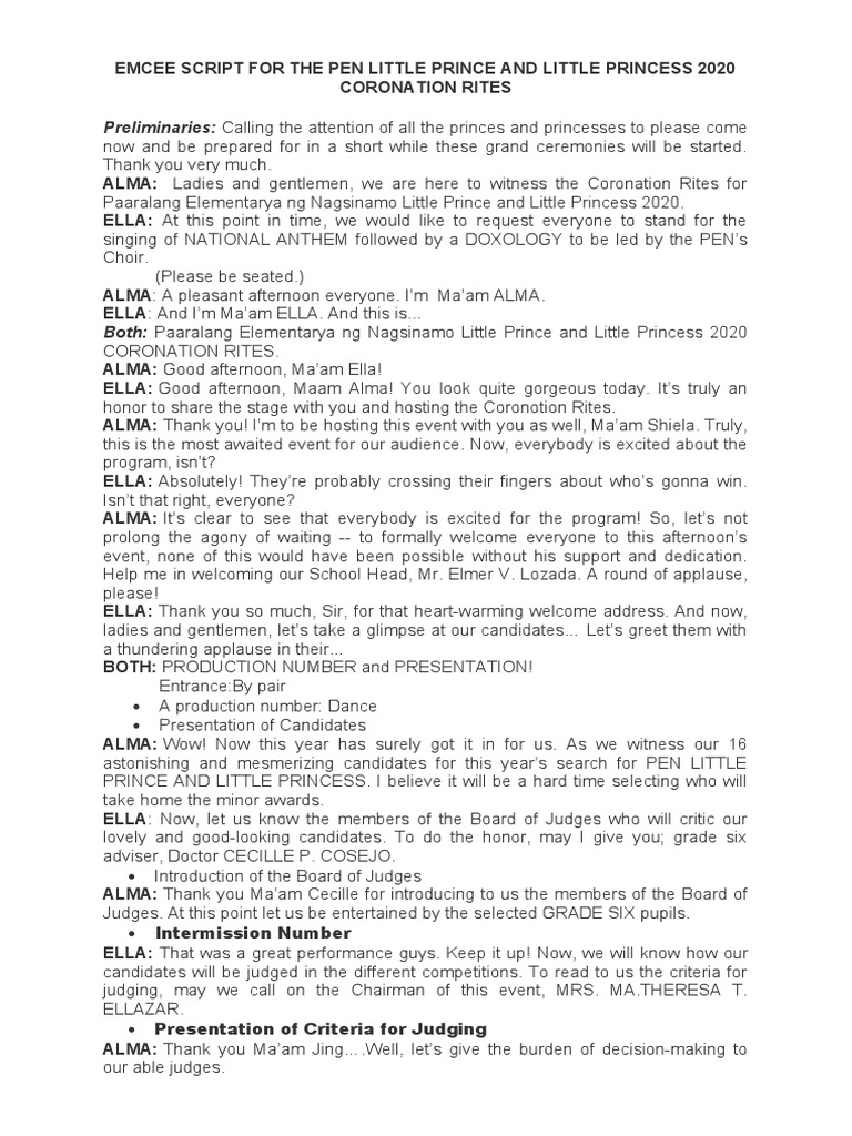 Emcee Script for Little Prince & Princess 2020 | PDF | Monarchy