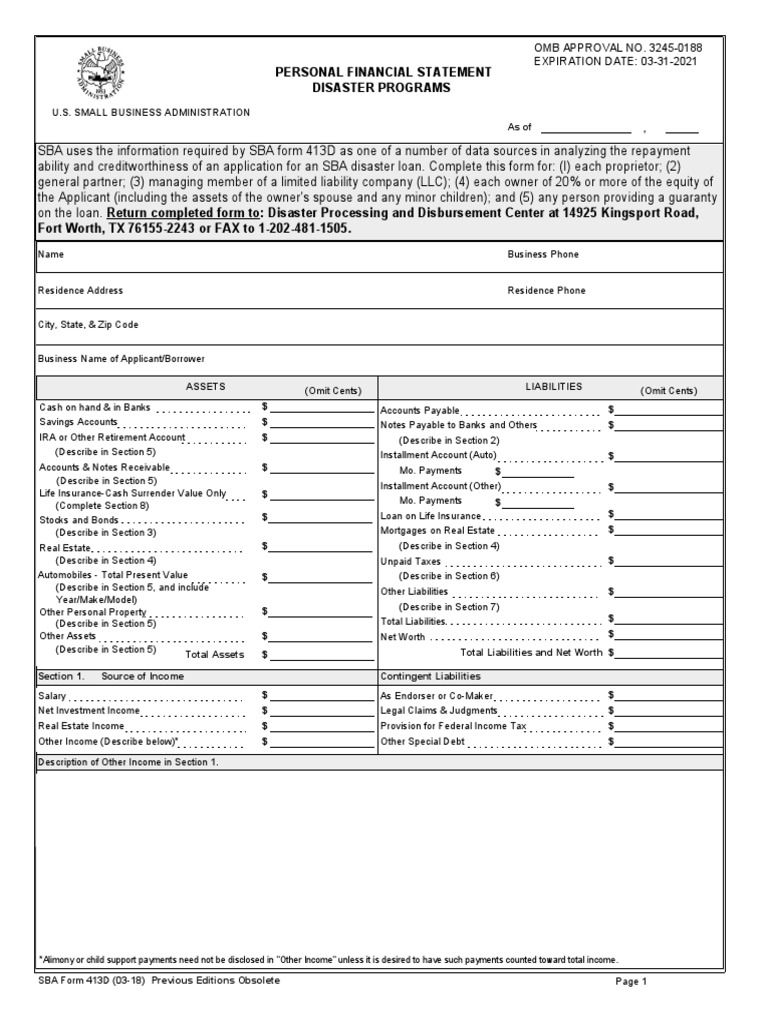 SBA Form 413 Personal Financial Statement | PDF | Mortgage Loan | Civil ...