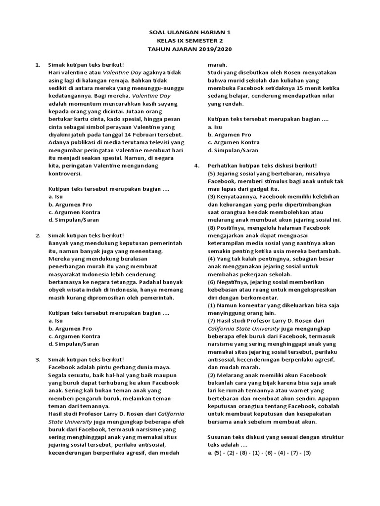 Soal Ulangan Harian Dengan Materi Teks Diskusi