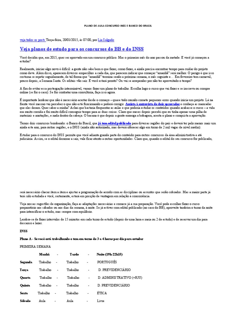 Plano de Aula para Concursos INSS e BB | PDF | Tempo