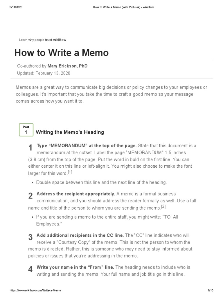 How To Write A Memo (With Pictures) - Wikihow  Memorandum