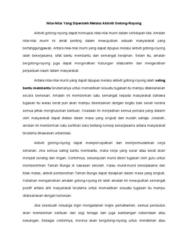 Nilai Diperolehi Daripada Aktiviti Gotong Pdf