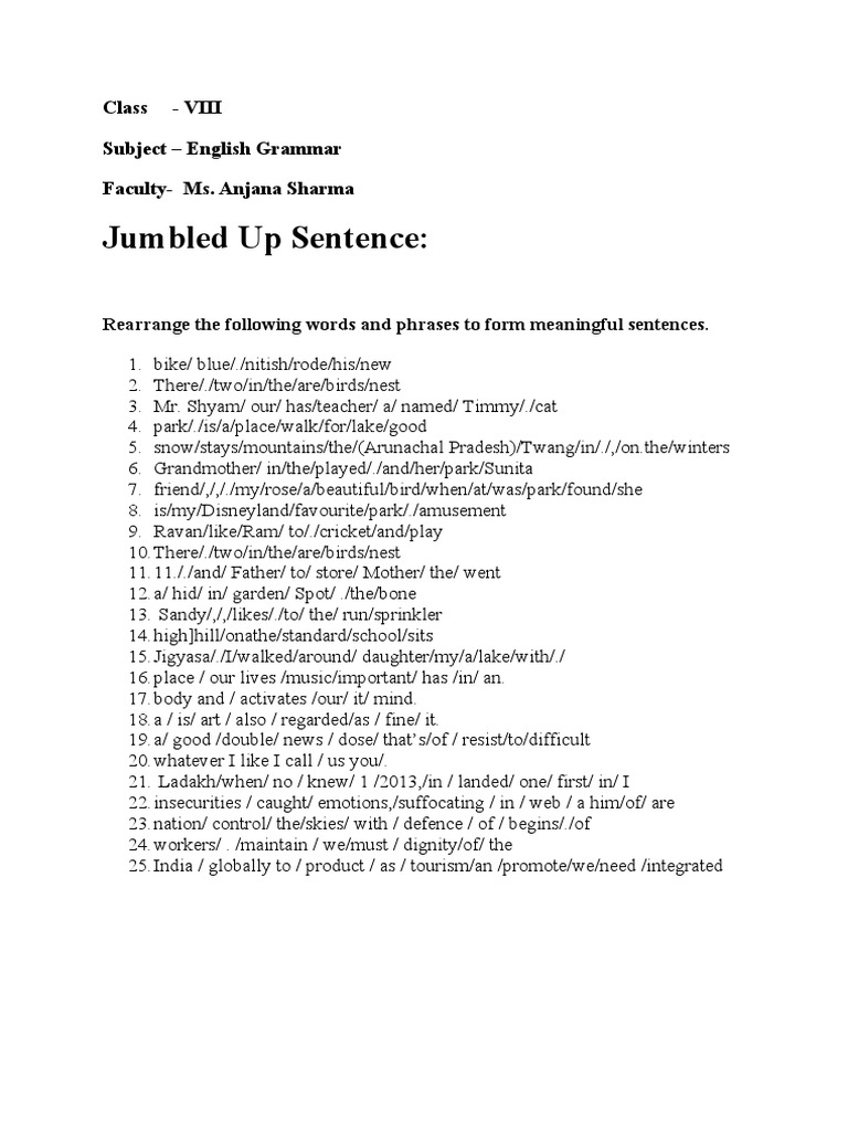 Jumbled Sentences for Class 8 | PDF | Foreign Language Studies | Home ...