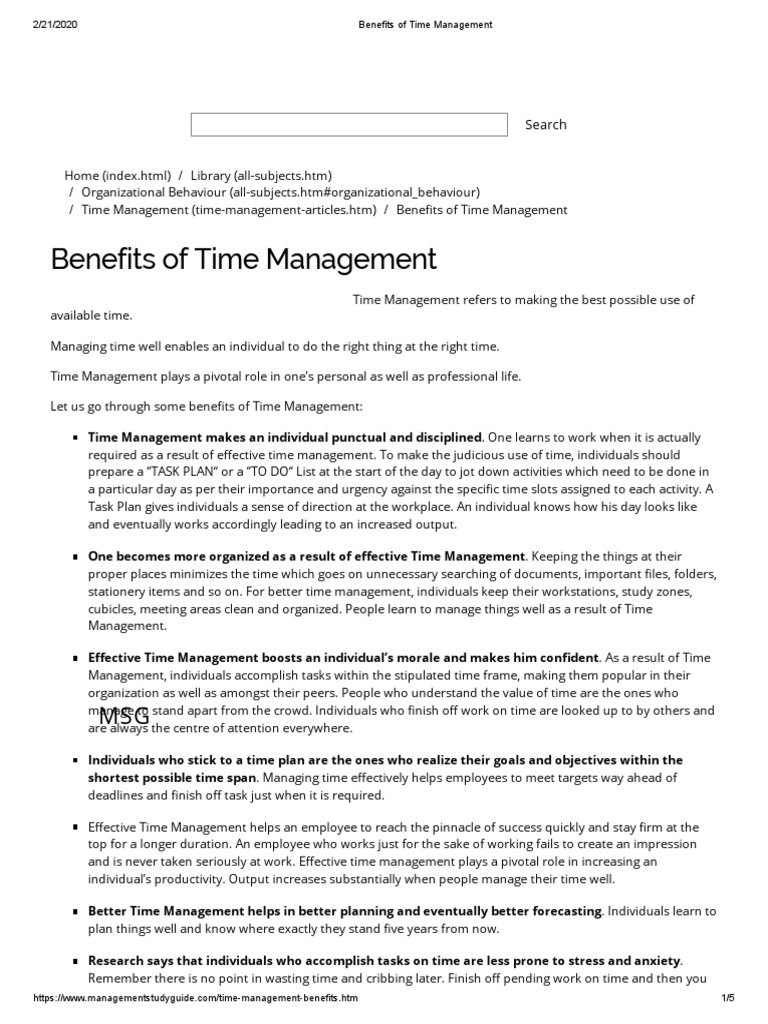 Benefits of Time Management PDF Business