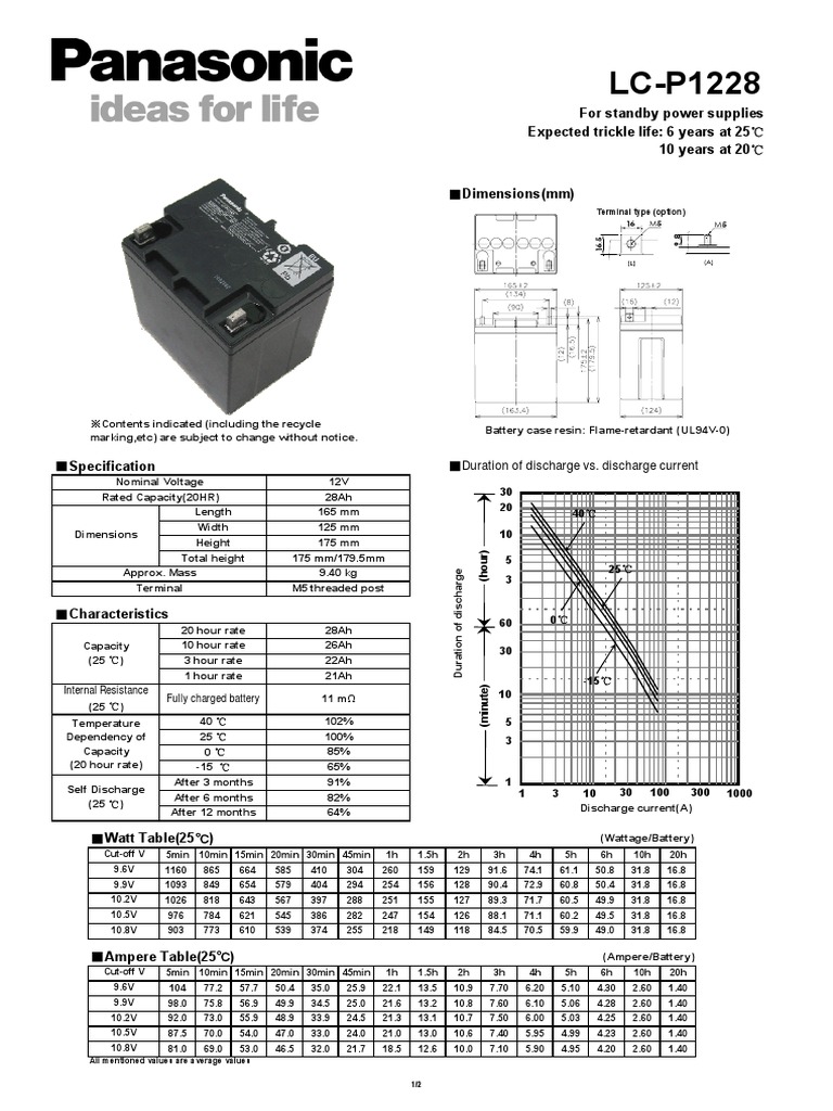 Panasonic LC-P1228 Battery Specifications | PDF | Rechargeable Battery ...