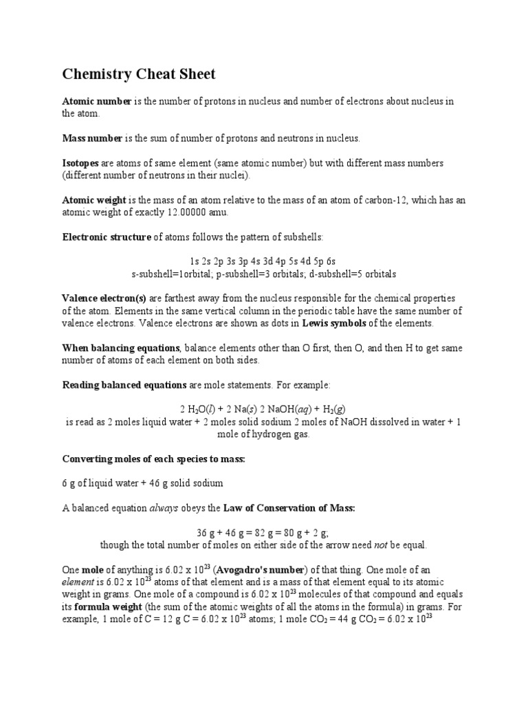 Chemistry cheat sheet pdf