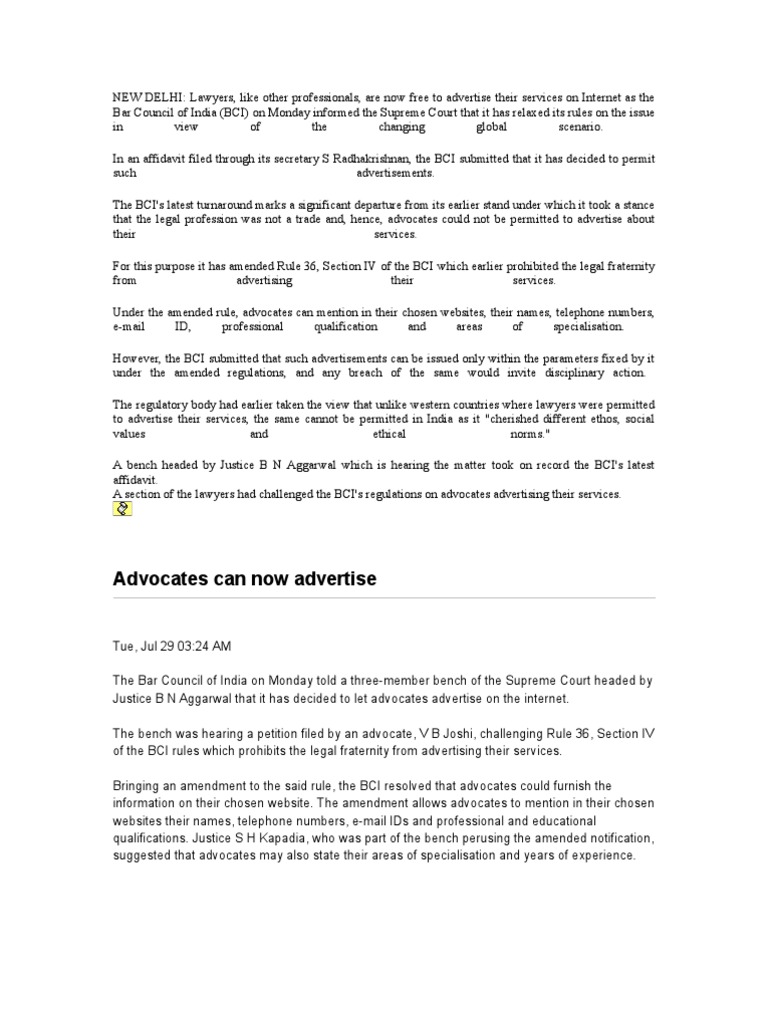 Can Advocats Advertise Advocate Bar Association