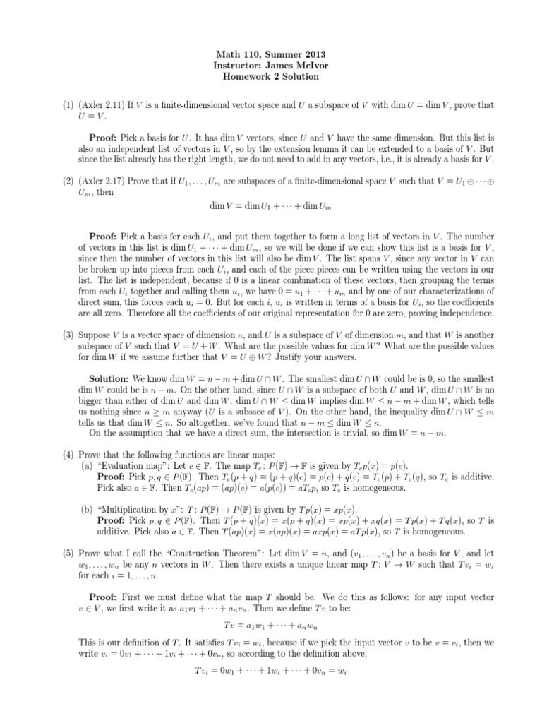 Hw2soln Pdf Linear Subspace Basis Linear Algebra
