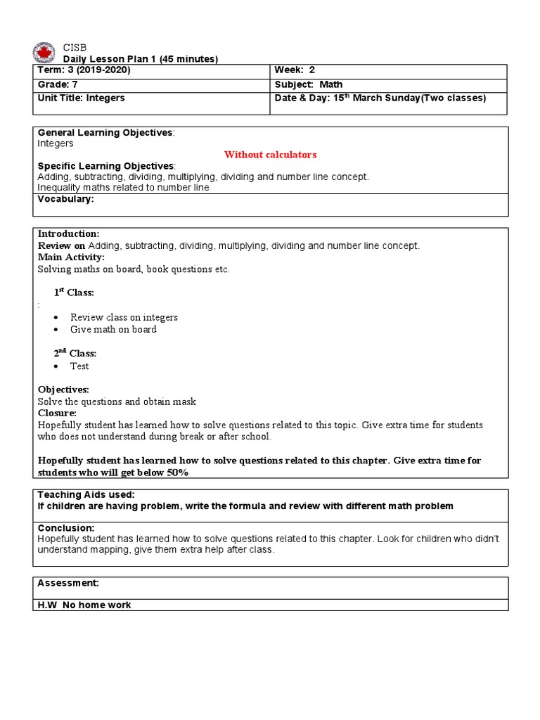 Grade 7 Math Lesson Plans: Integers & Algebra | PDF | Lesson Plan | Numbers