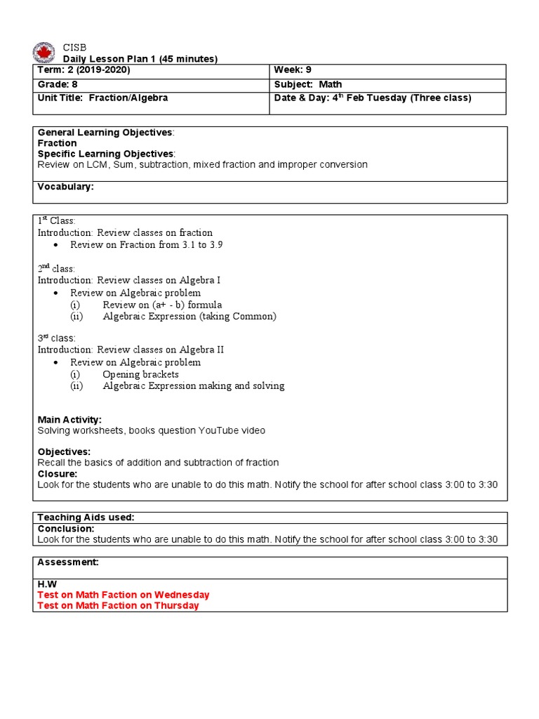 Grade 8 Algebra & Fraction Lesson Plan | PDF | Fraction (Mathematics ...