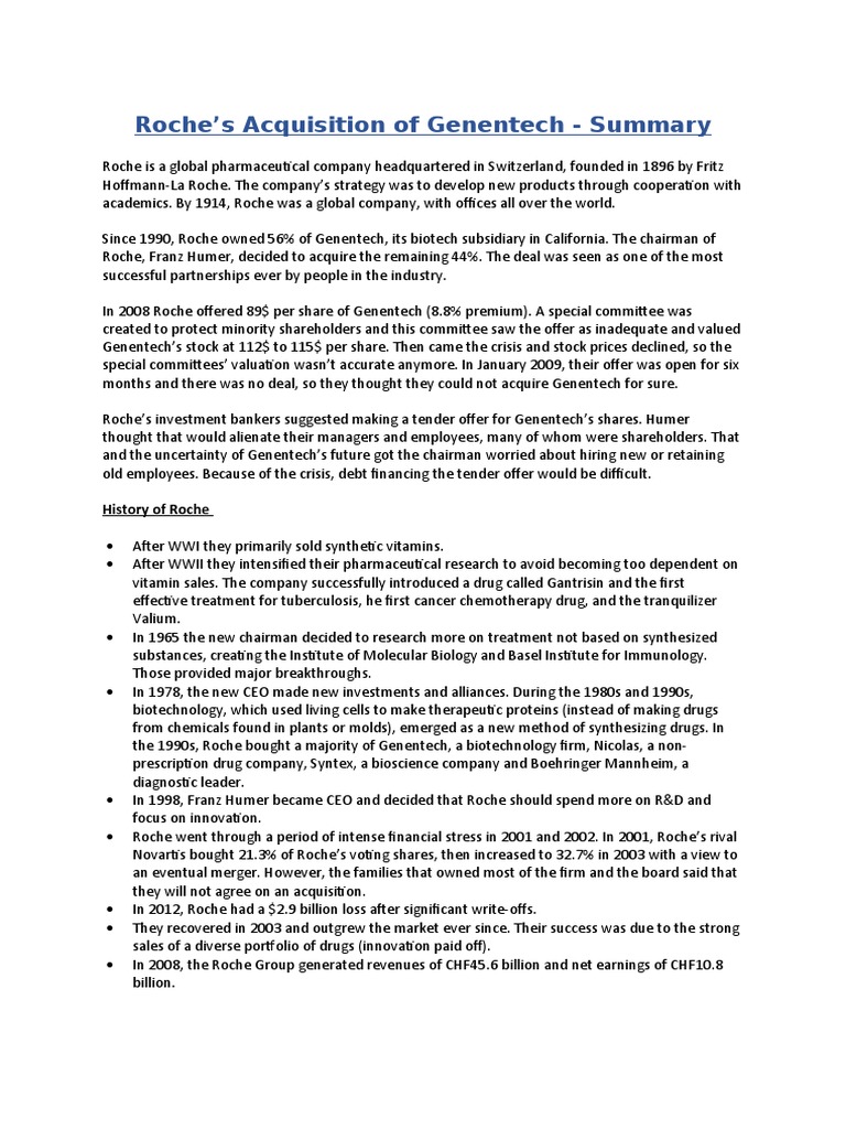 Roche's Acquisition of Genentech - Summary | PDF | Mergers And ...