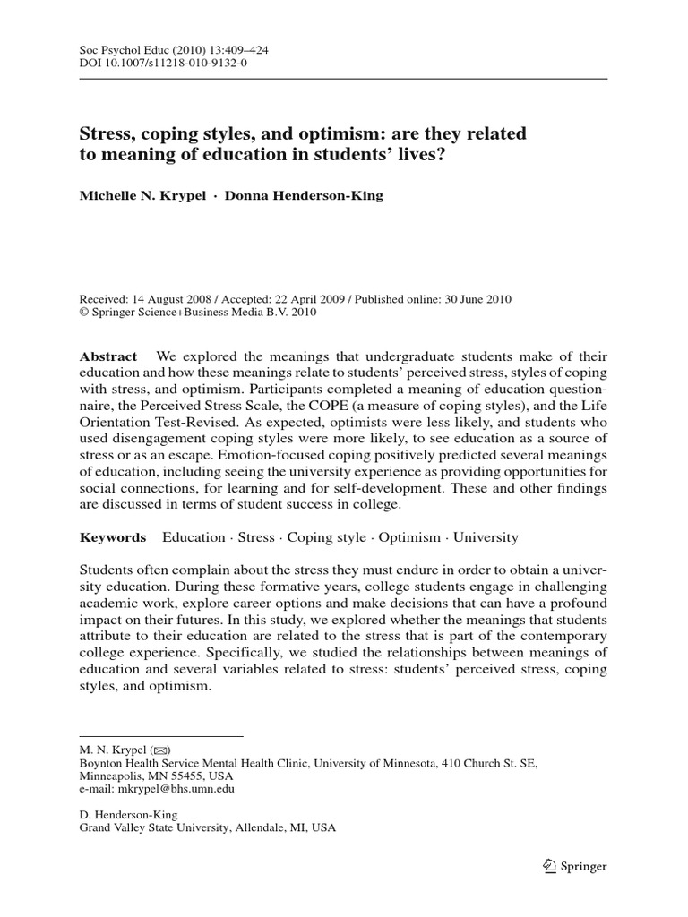 Stress, Coping Styles, and Opt | PDF | Optimism | Stress (Biology)