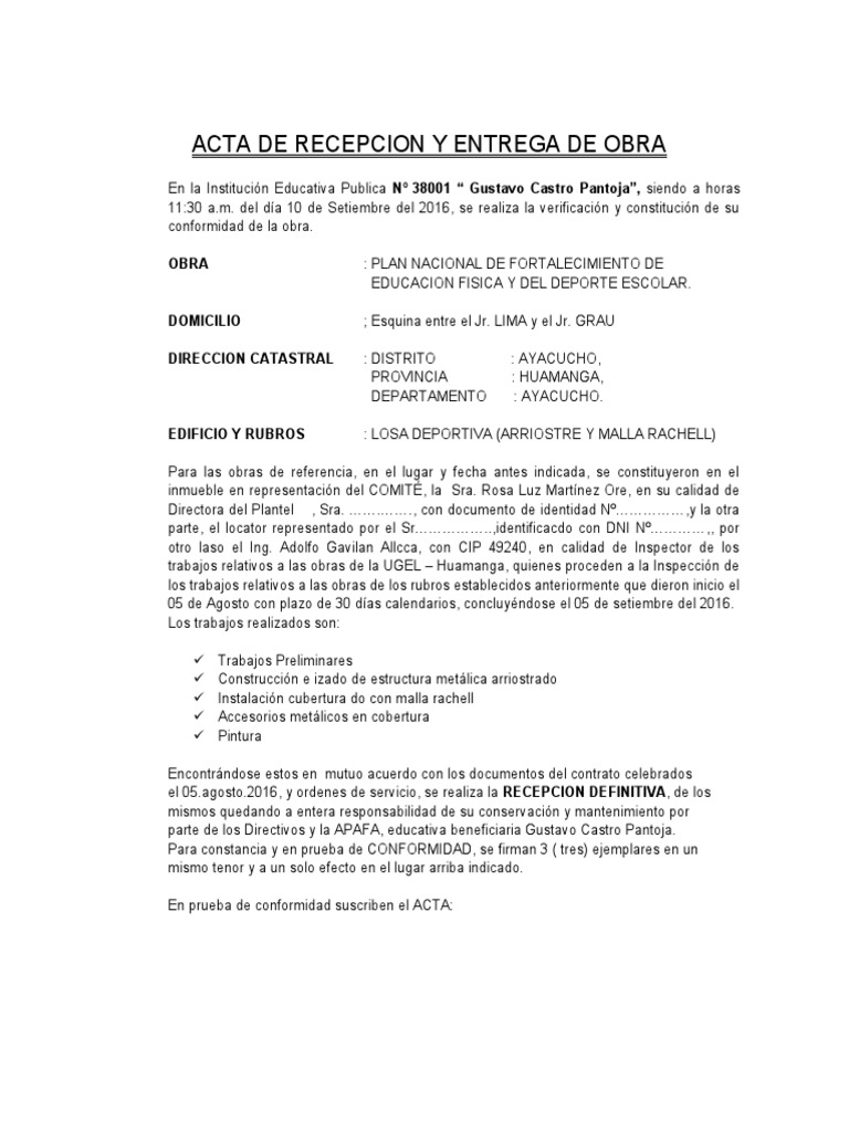Acta de Entrega de Obra Escolar | PDF | Agitación