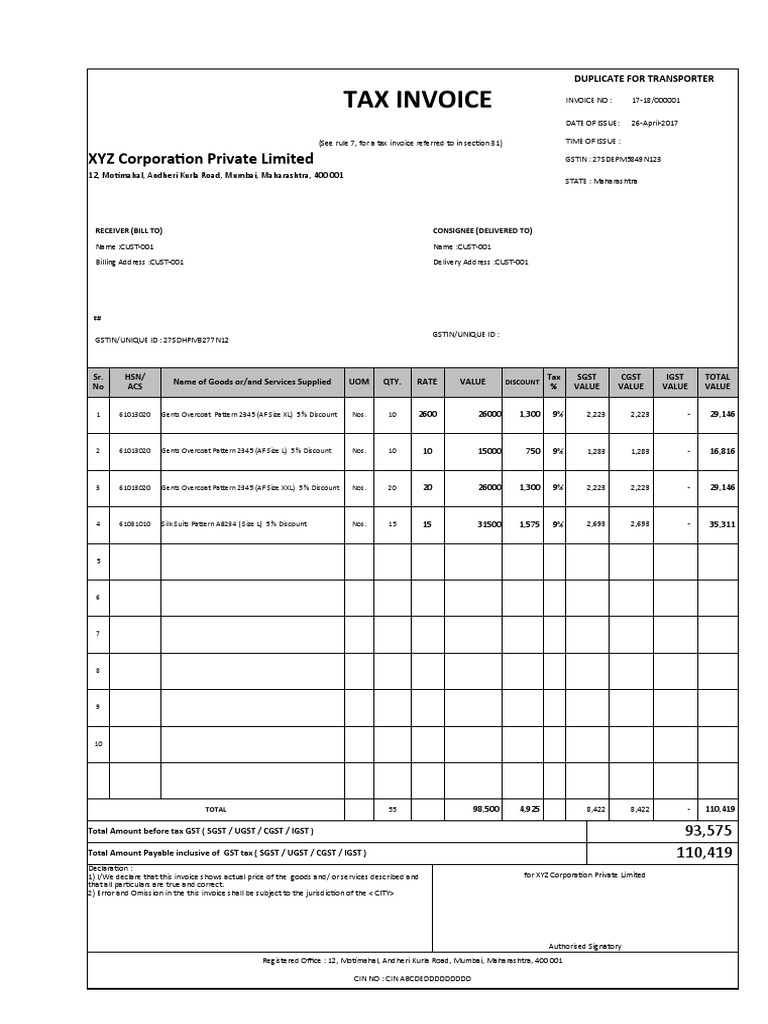 GST Invoice Format For Goods in Excel PDF Payments Government