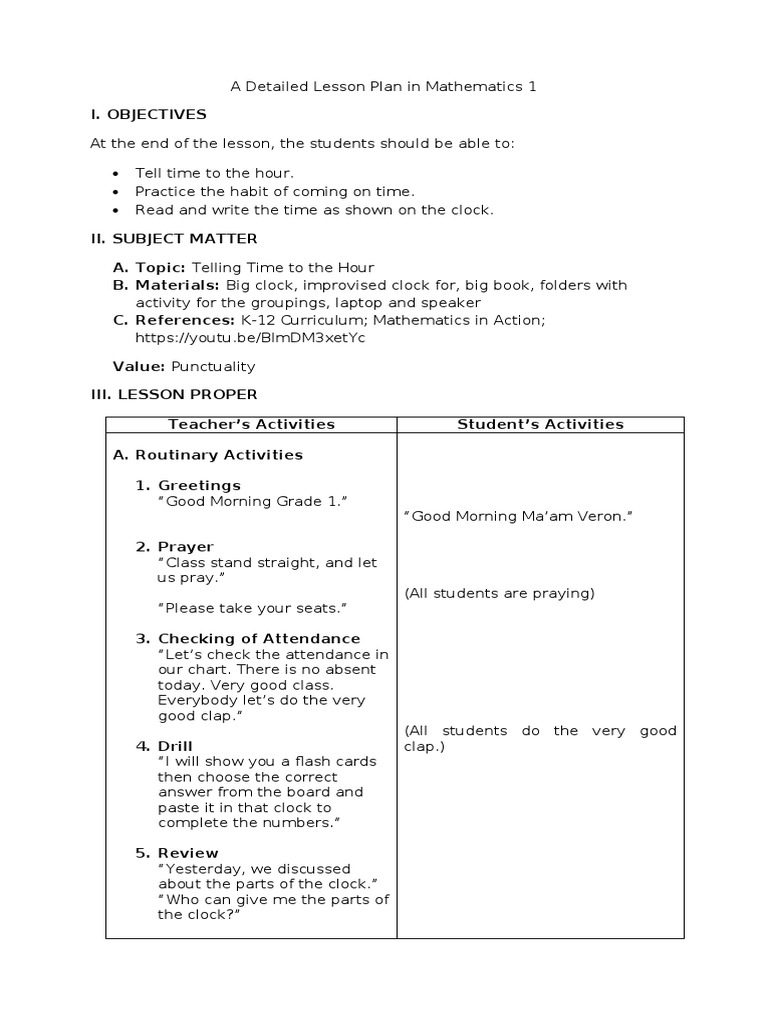 Grade 1 Telling Time Lesson Plan | PDF | Clock | Teaching