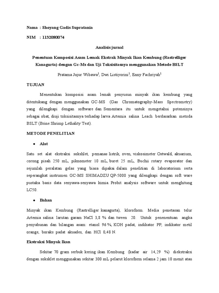 Analisis Jurnal Penentuan Komposisi Asam Lemak Ekstrak Minyak Ikan ...