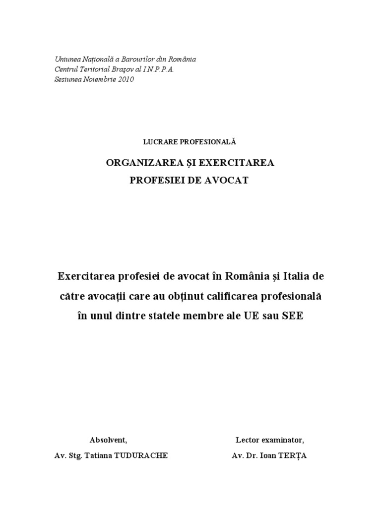 Exercitarea Profesiei de Avocat in Romania Si Italia de Catre Un Avocat  Care A Obtinut Titlul Intr-Un Alt Stat UE Sau SEE | PDF