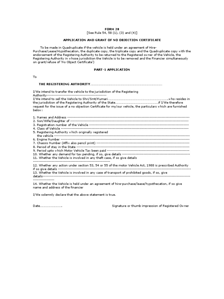 Form 28: No Objection Certificate Application | PDF | Vehicles | Social ...