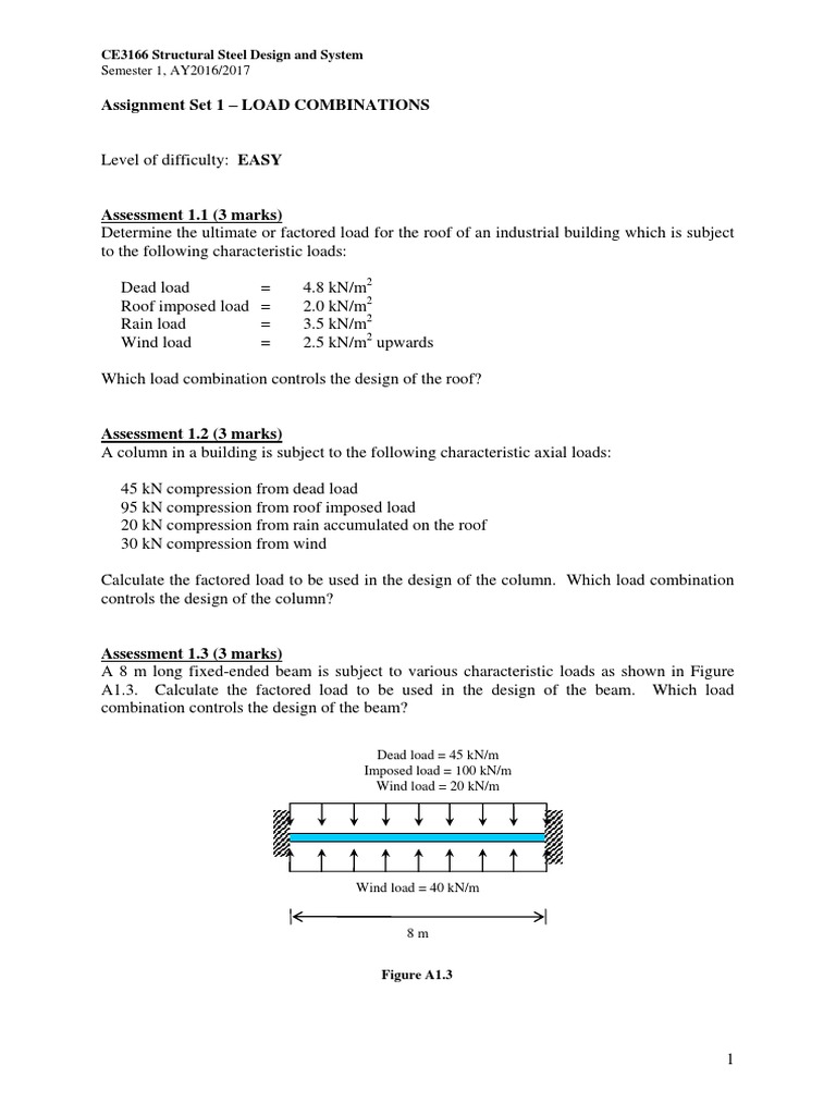 Assignment 1 Load Combinations Questions Pdf Beam Structure