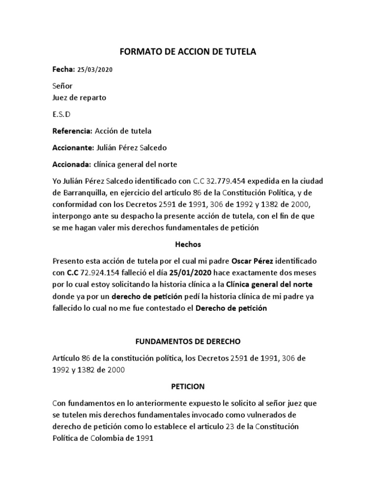 Formato de Accion de Tutela | PDF