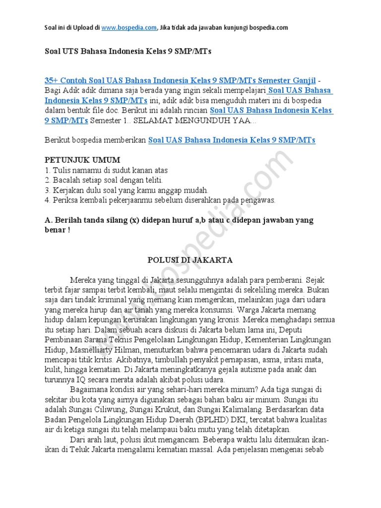35 Contoh Soal Uas Bahasa Indonesia Kelas 9 Smp Mts Semester Ganjil
