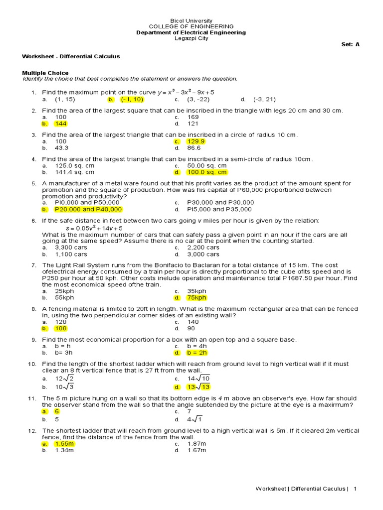 Differential Calculus Worksheet | PDF | Area | Ellipse