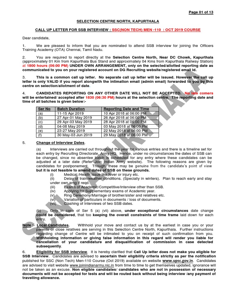Call Up Letter Instruction SSC NT Men 110 SCN KAPURTHAL | PDF ...