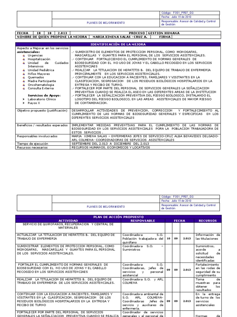 Ejemplo Plan de Mejora | PDF | Enfermería | Ciencias de la Salud