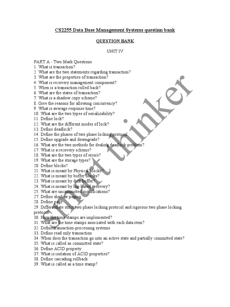 CS2255 Data Base Management Systems Question Bank | PDF | Database ...