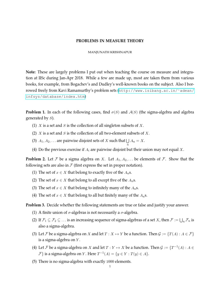 Problems - Measure Theory PDF | PDF | Measure (Mathematics) | Lebesgue ...