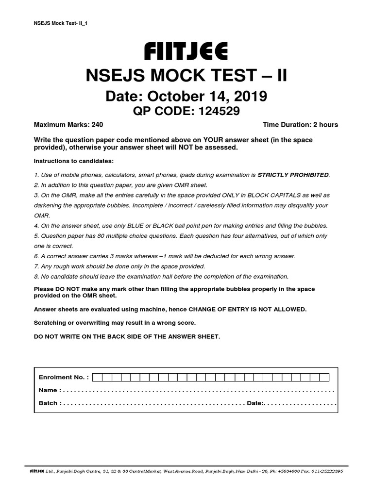 NSEJS - MOCK TEST 2 - Oct - 14 - 2019 PDF | PDF | Chemical Reactions