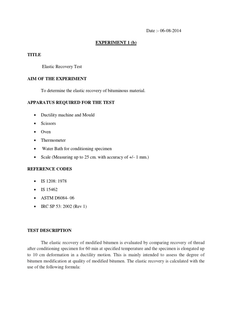 Elastic Recovery Test of Bitumen | PDF | Asphalt | Deformation ...