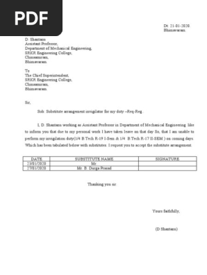 Invigilation Substitute Letter | PDF | Science And Technology 
