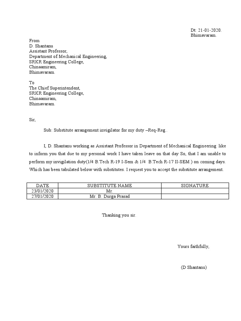 Invigilation Substitute Letter | PDF | Science And Technology 