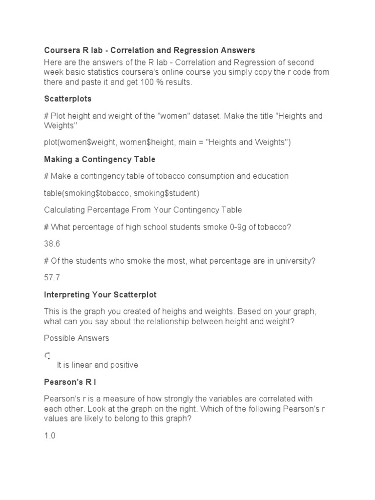 Coursera R Lab - Correlation and Regression Answers | PDF | Correlation ...