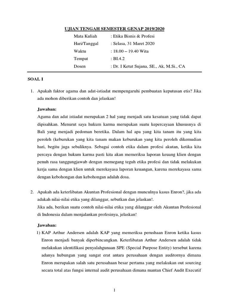 Soal Uts Etika Bisnis Dan Profesi 31 Maret 2020 Pdf Pdf