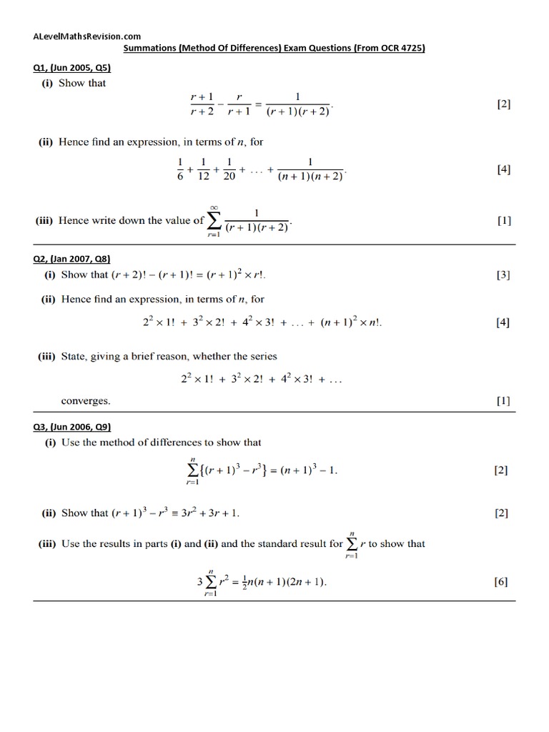 Summations (Method of Differences) Exam Questions | PDF