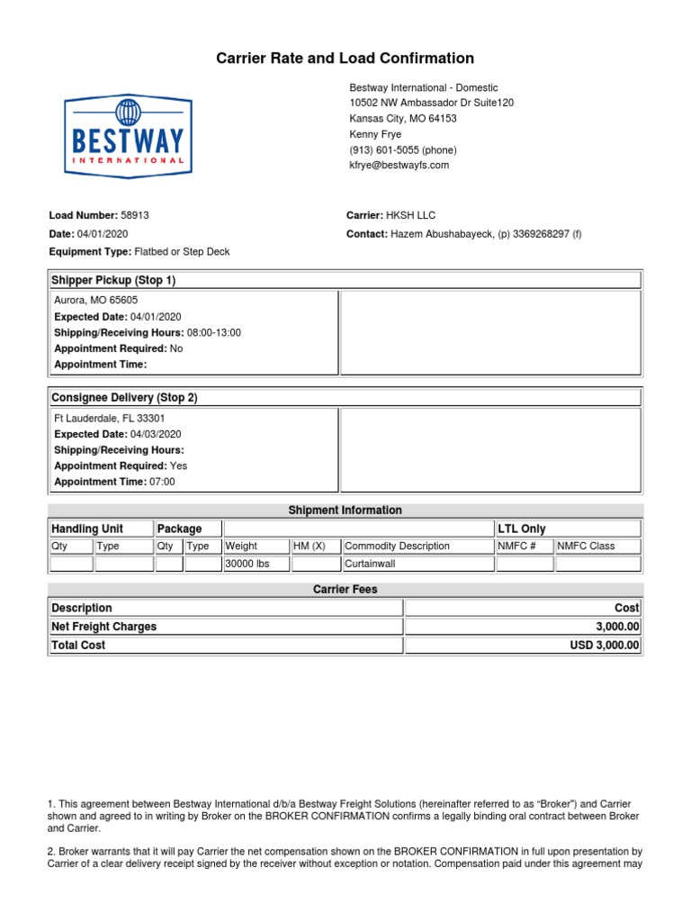 HKSH LLC Truckload - Carrier Rate and Load Confirmation | PDF | Cargo ...