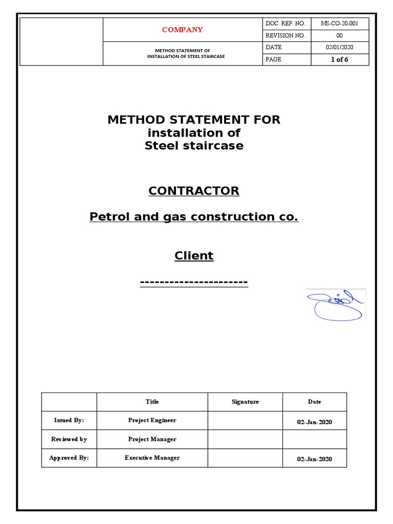 Method statement for installation of steel staircase pdf