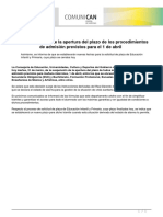 Educacion Suspende La Apertura Del Plazo de Los Procedimientos de Admision Previstos para El 1 de Abril