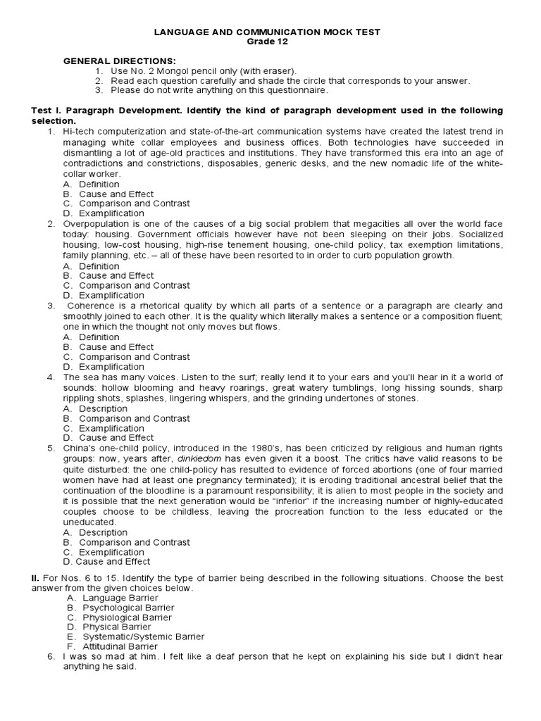 Grade 12 Language and Communication Test | PDF | English Language | Gesture