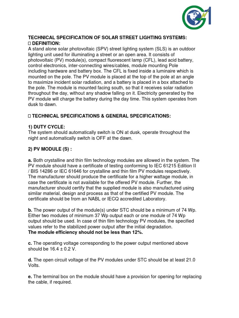 Solar Street Light Technical Specifications | PDF | Photovoltaics ...