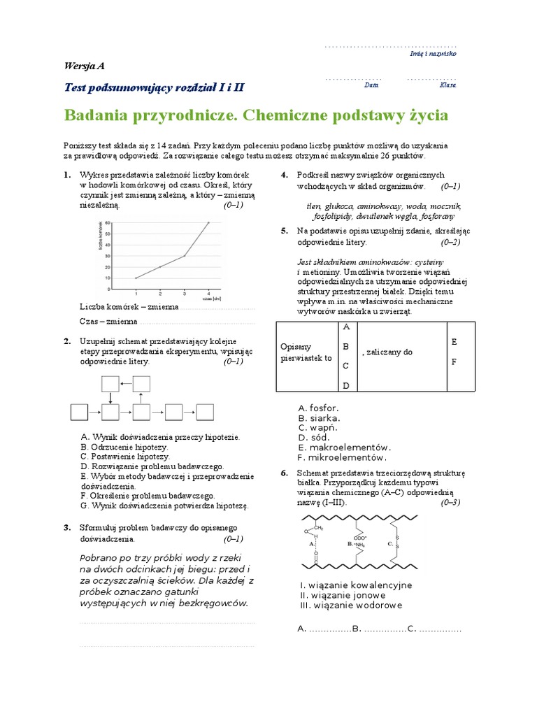 Test Sprawdzajacy Chemiczne Podstawy życia Biologia Na Czasie 1 Odpowiedzi