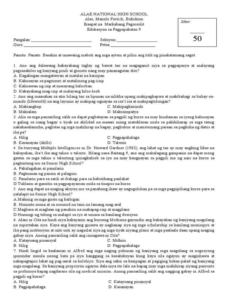 Examination Esp 9 4TH | PDF