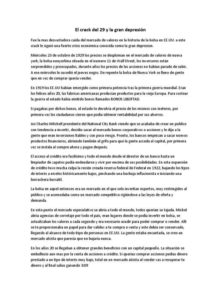 El Crack del 29: Causas y Consecuencias | PDF | Accidente de Wall ...