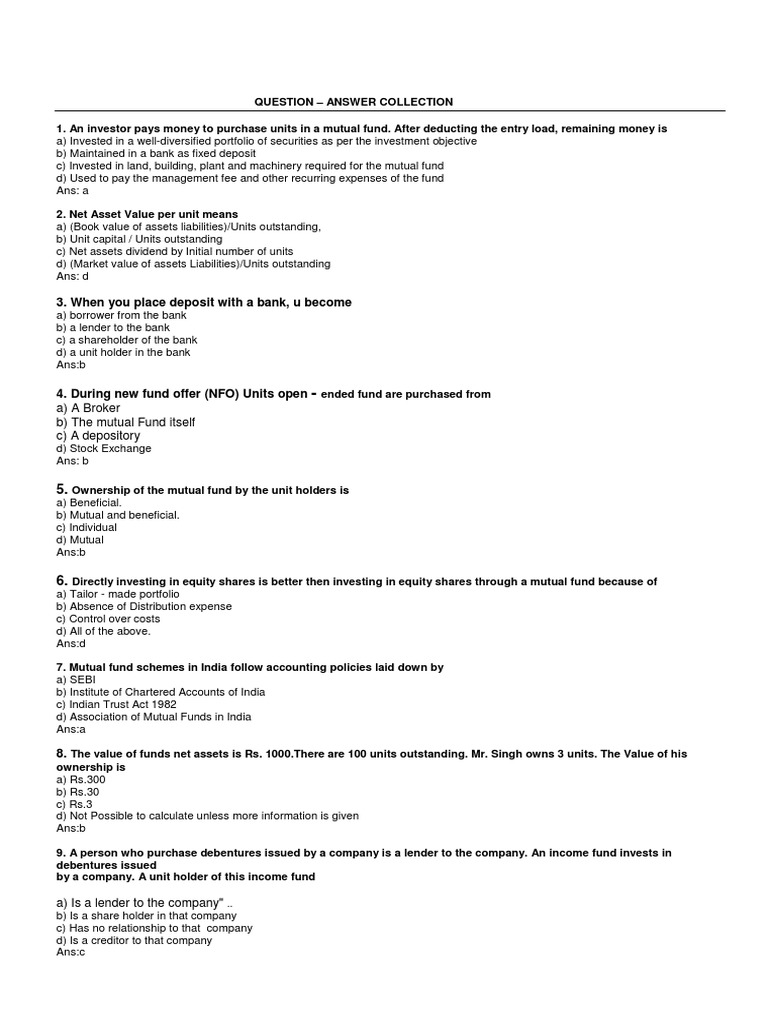 AMFI Mock Test Questions and Answers | PDF | Mutual Funds | Investment Fund