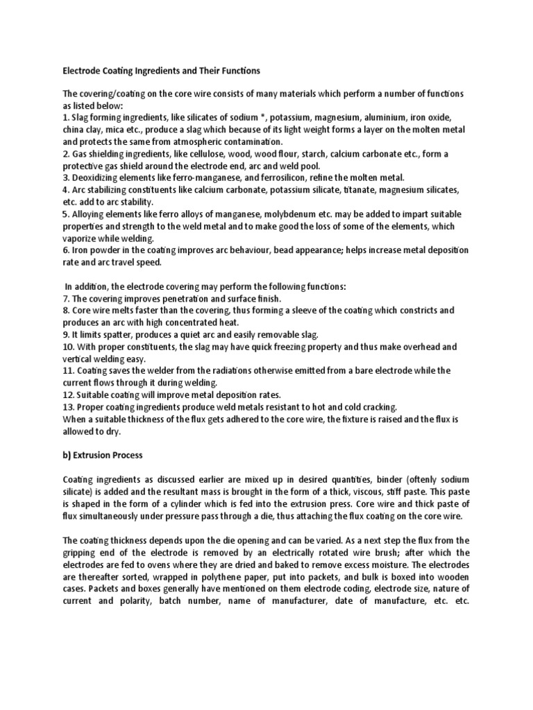 Electrode Coating Ingredients and Their Functions PDF Welding
