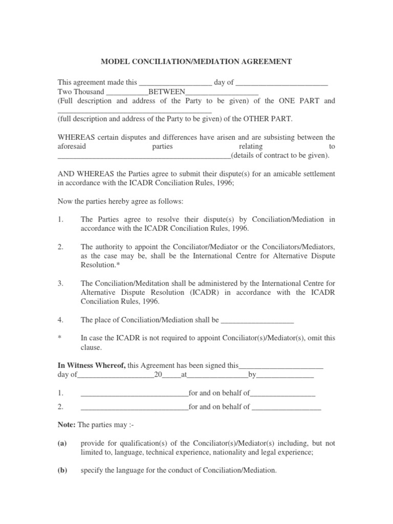 Model Conciliation/Mediation Agreement | PDF | Finance & Money Management
